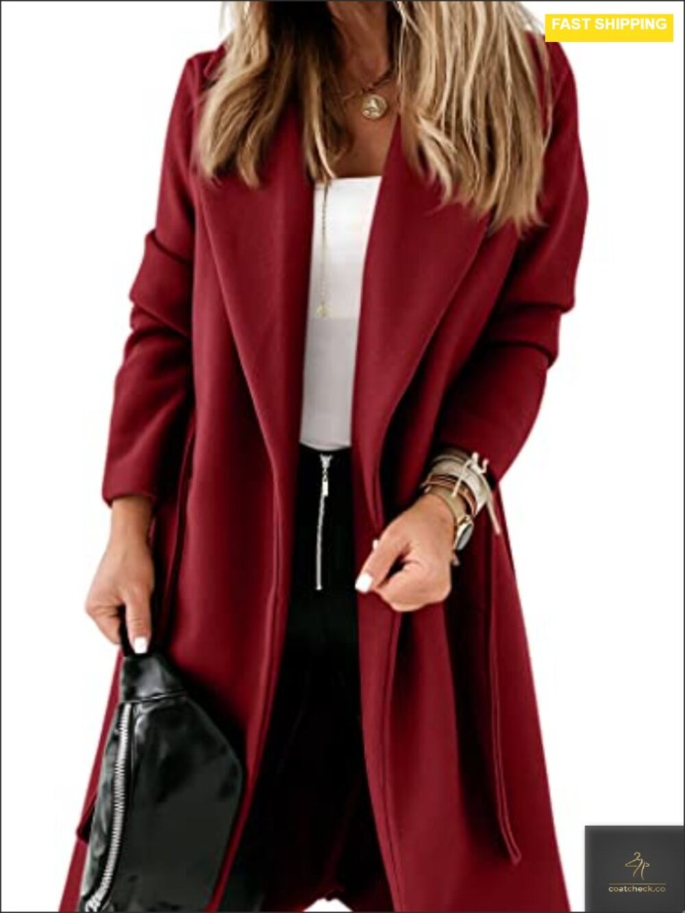 Long Pea Coat Belted Lapel Open Front Fall Winter Warm